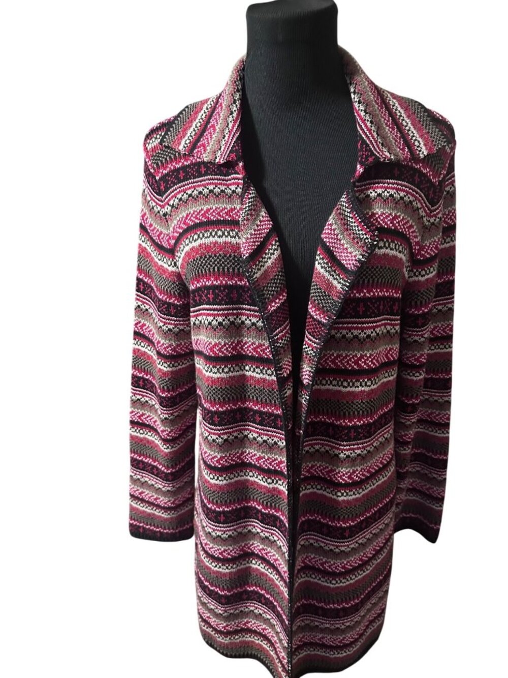 Christopher & Banks red black and green open front striped sweater size M